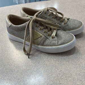 Guess Women's Glittery Gold and Tan Sneakers